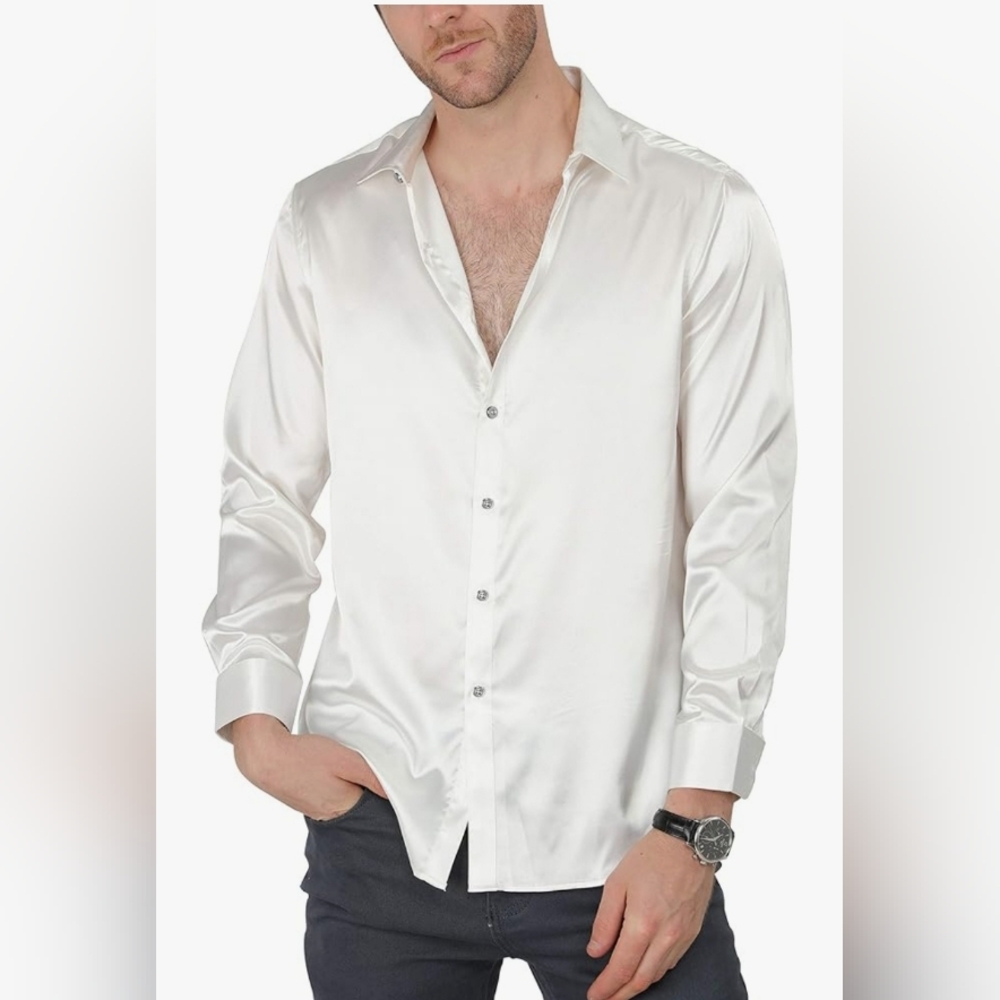VICALLED Men's Satin Luxury Dress Shirt Slim Fit Silk Casual Dance Party Long Sl